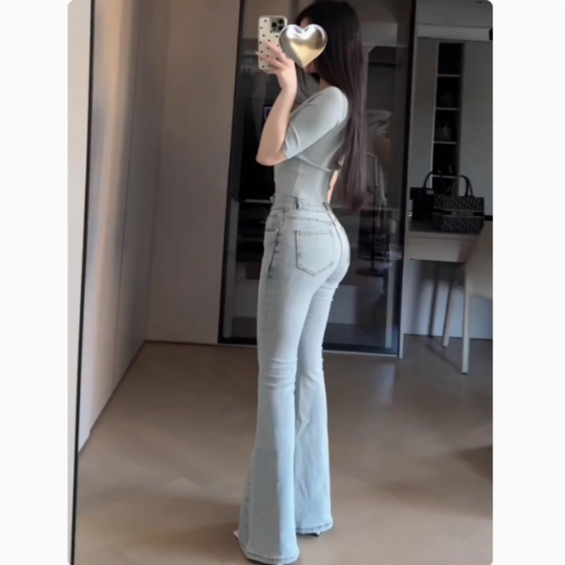 欧蓄浅蓝色丰胯牛仔裤女高腰弹力