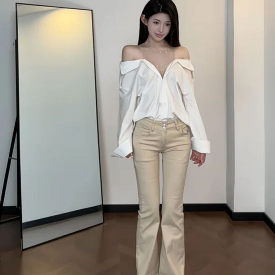 韩版卡其色丰胯直筒牛仔裤女性感辣妹低腰弹力修身显瘦微喇叭长裤