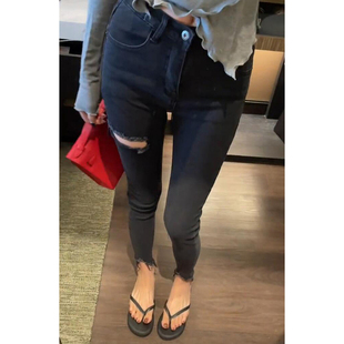 显瘦弹力性感休闲铅笔小脚裤 女修身 破洞小众设计感百搭牛仔裤 韩版