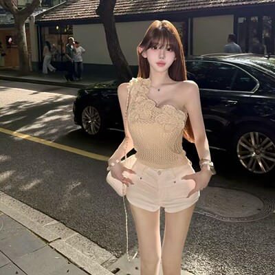 【曼利香肩】法式度假风立体钩花层次感编织气质无袖斜肩背心上衣