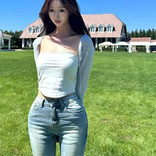 韩国kindame同款丰胯水洗磨白浅蓝色长裤复古修身显瘦弹力微喇裤