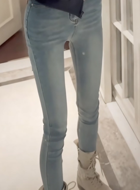 丰胯好版型浅蓝色磨白牛仔裤女秋季高腰弹力修身美臀九分小脚裤子