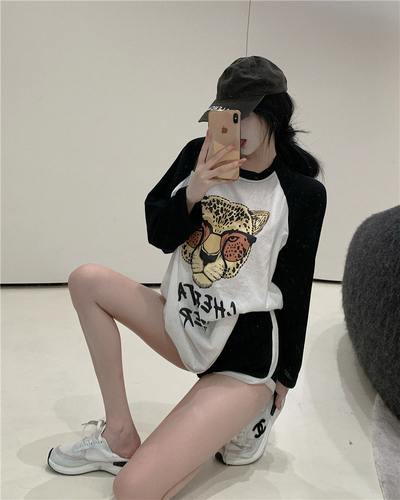 Actual shot ~ Early autumn new long-sleeved T-shirt for women, loose contrasting color round neck, leopard head letter print top, trendy