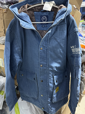 中华美邦正品秋冬男牛仔棉服连帽宽松舒适中蓝夹棉牛仔外套棉衣