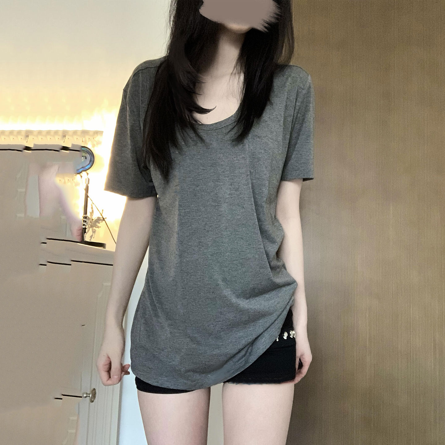 正肩V领短袖t恤女宽松显瘦慵懒风