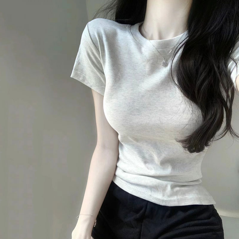 正肩纯棉短袖t恤女辣妹修身上衣