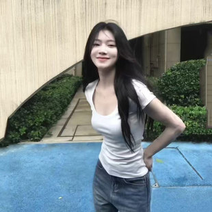 显瘦百搭上衣 修身 设计感小众纯棉正肩u领短袖 t恤女夏纯欲辣妹短款