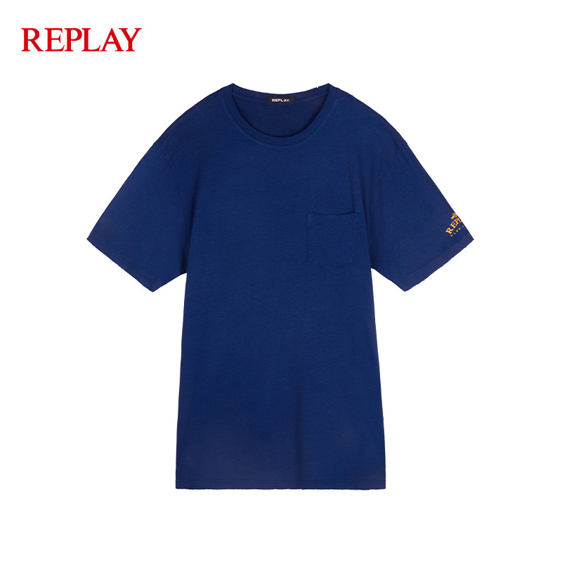 replay短袖t恤男士圆领常规版型领口破洞做旧简约