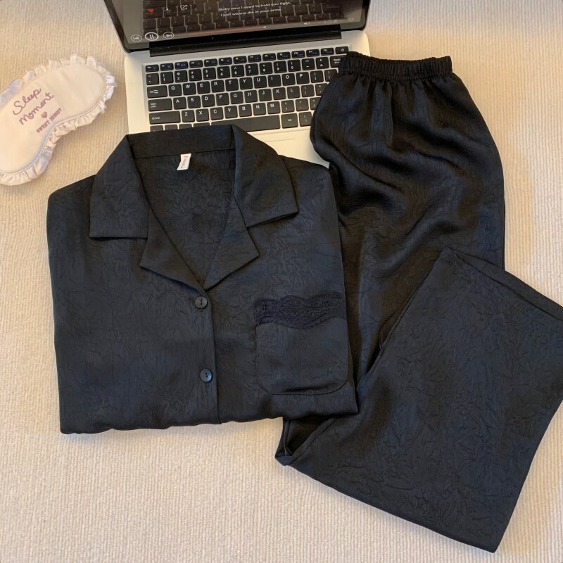 轻奢缎面冰丝黑色睡衣女春秋款翻领蕾丝长袖高级感丝绸家居服套装