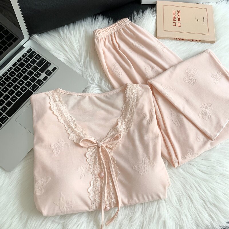 法式蕾丝睡衣女春秋款纯棉蝴蝶结V领长袖带胸垫温柔风家居服套装