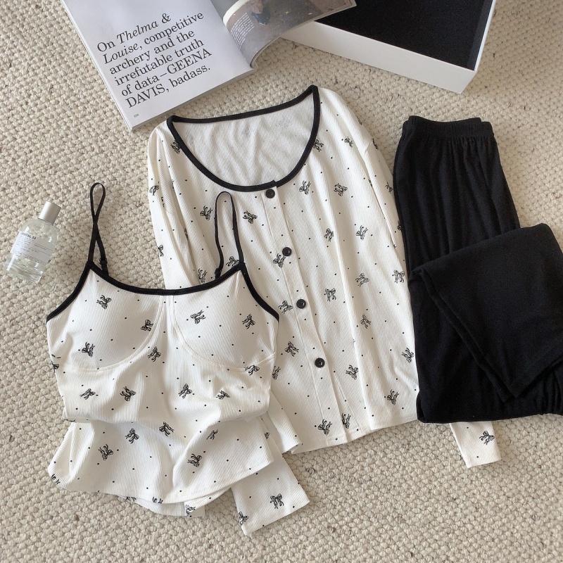 睡衣女夏季莫代尔吊带长裤三件套装春秋带胸垫薄可爱蝴蝶结家居服
