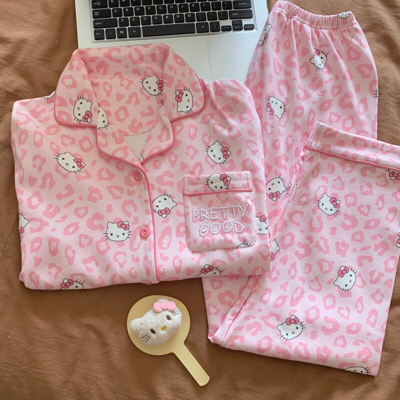 HelloKitty睡衣女纯棉春秋款粉色豹纹长袖可爱卡通少女家居服套装