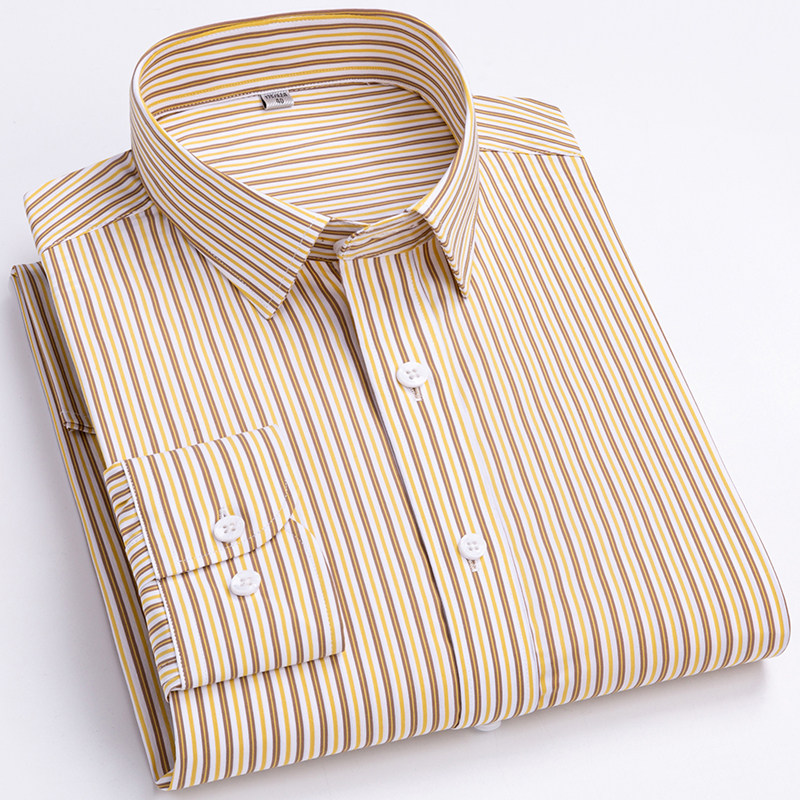 高品质黄色条纹衬衫男款弹力抗皱韩版商务休闲衬衣新款外穿春秋装