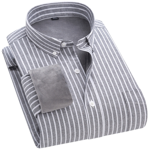 纯棉保暖衬衫男士帅气灰色直条纹加厚加绒衬衣冬韩版休闲潮流棉衣