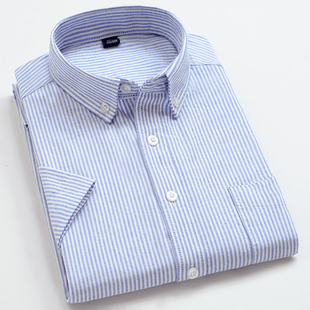 夏季 半袖 衬衣潮流日系细条纹称衫 寸 男短袖 纯棉韩版 蓝白竖条纹衬衫