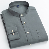 纯棉小立领衬衣男长袖 全棉休闲中式 无领寸商务中山装 秋季 圆领衬衫