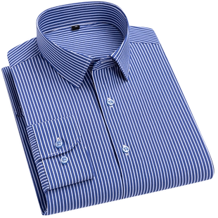高端男装免烫蓝色竖条纹长袖衬衫男款中青年商务休闲秋季衬衣外套