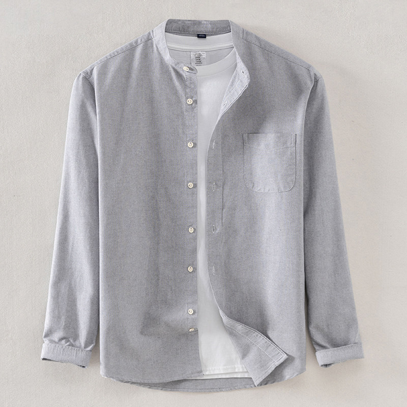 全棉日系灰色圆领衬衫韩版纯棉无立领衬衣男长袖宽松休闲衬衫潮流