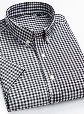 黑色格子衬衫男短袖夏天日系宽松纯棉半截袖衬衣潮流休闲全棉寸衫