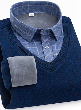 保暖衬衣假两件毛衣男秋冬季加绒衬衫领针织衫加厚卫衣T恤男上衣