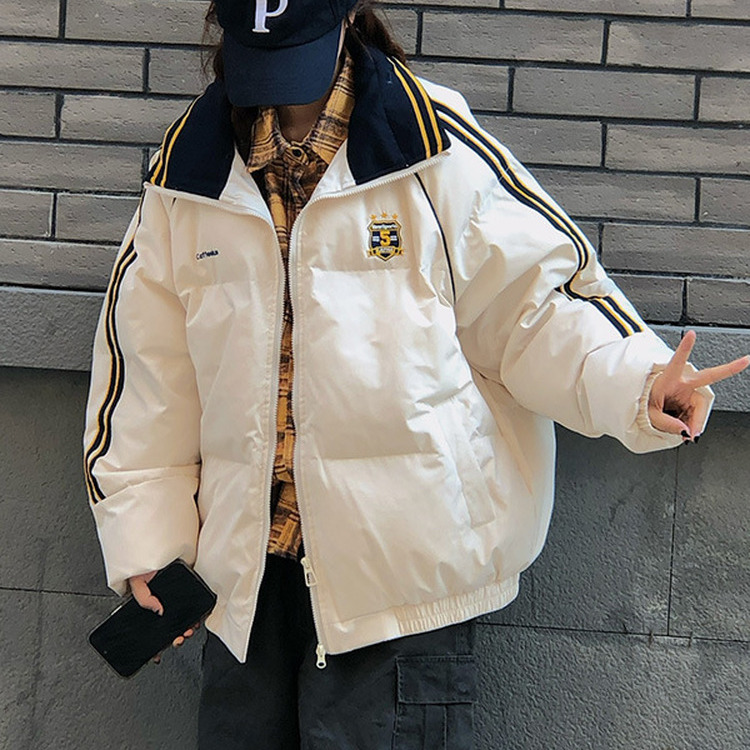 国潮短款羽绒棉服冬季条纹翻领