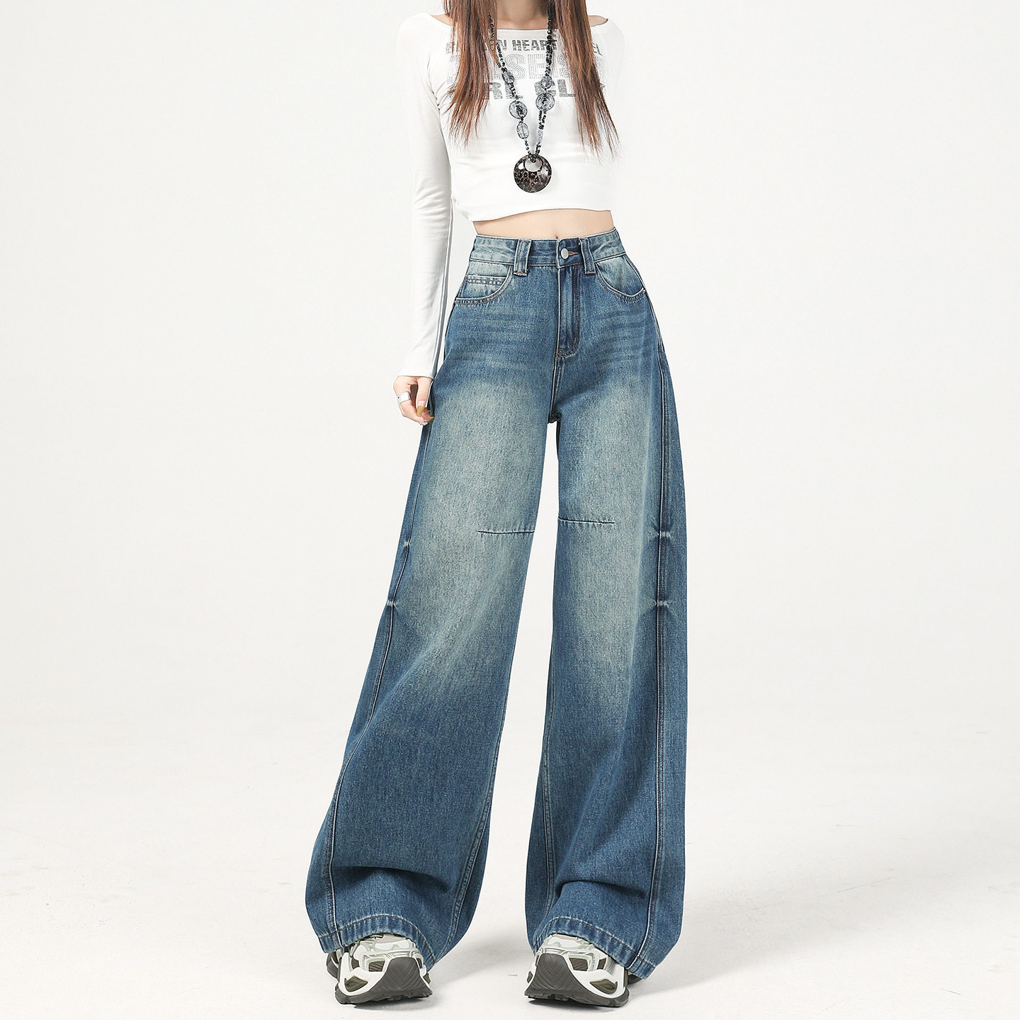 复古蓝廓形解构弯刀牛仔裤女春季2026新款高腰宽松今年流行阔腿裤