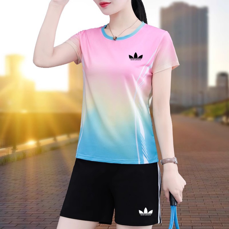 运动三叶草休闲运动套装女夏季大码冰丝体恤速干衣短裤显瘦两件套