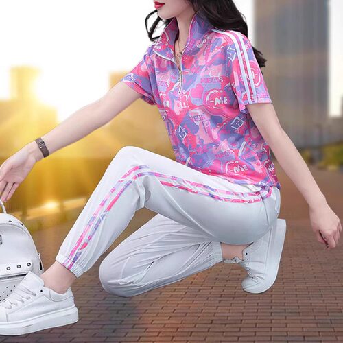 名牌运动服减龄时髦夏季时尚印花薄款短袖束脚裤跑步服休闲套装女