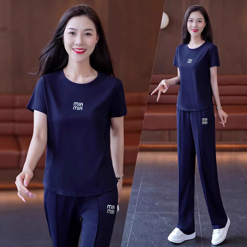 高级感时尚修身运动休闲套装女2025夏季新款宽松阔腿裤显瘦两件套