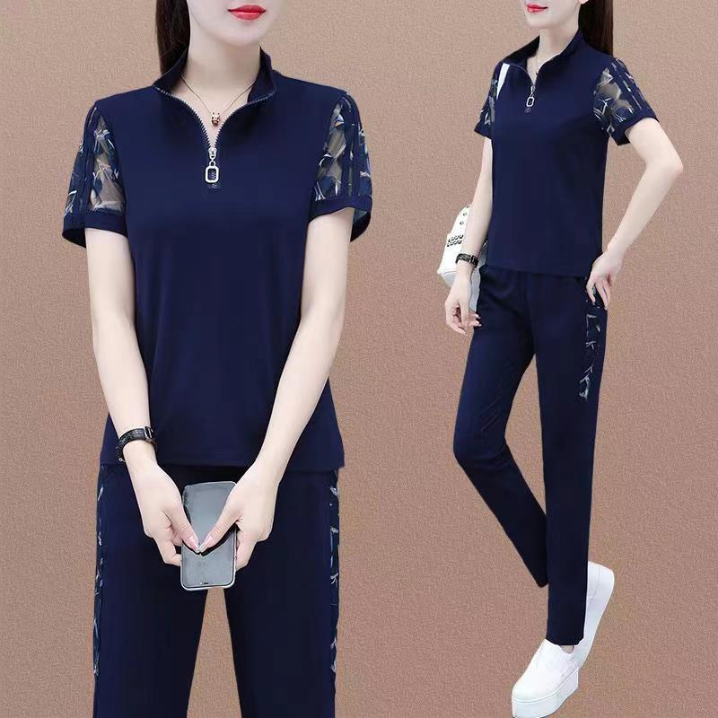 品牌高档运动服套装女士夏季2024新款大码宽松时尚妈妈休闲两件套