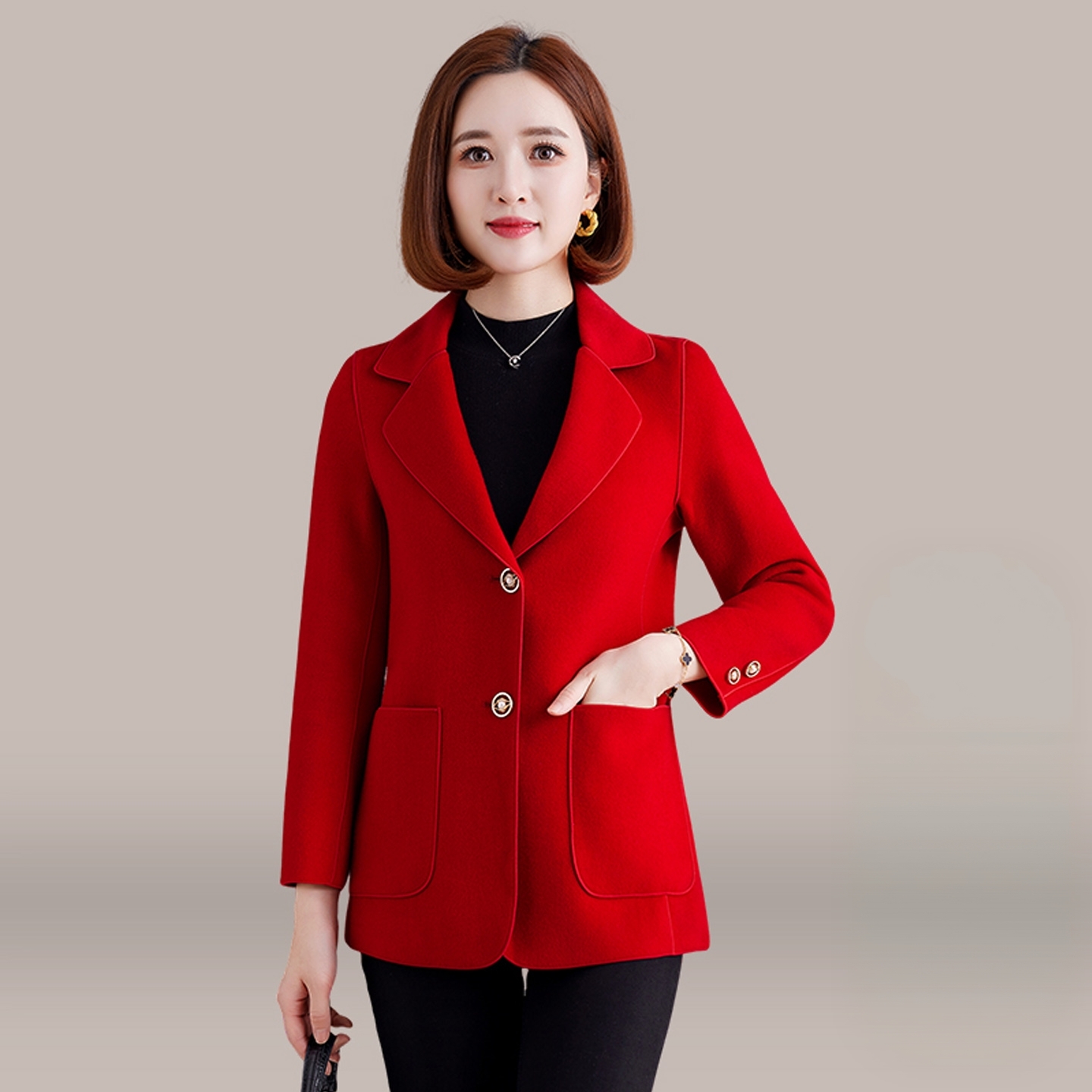 红色高档双面羊绒短款外套女2025新款春秋冬妈妈西装羊毛呢子大衣