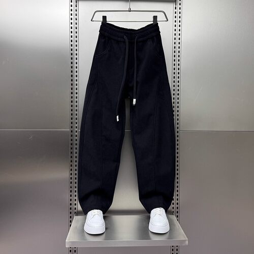 2026春秋新款宽松拼接休闲裤男松紧腰简约直筒长裤时尚弯刀运动裤