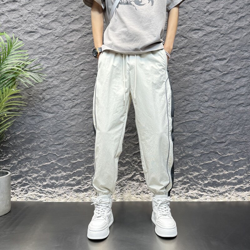 夏季薄款速干冰丝条纹休闲裤男士潮流百搭修身运动卫裤束脚九分裤