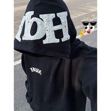 美式复古帽子字母贴布刺绣连帽卫衣男秋冬加绒加厚宽松慵懒风外套