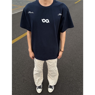 情侣装 美式 短袖 夏季 宽松纯棉上衣 高街藏青色字母刺绣重磅t恤男款