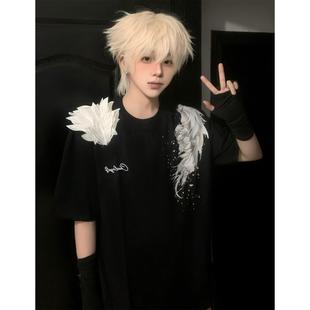羽翼翅膀拼接刺绣短袖男夏季美式高街重磅正肩T恤小众设计感半袖