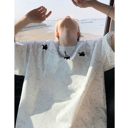 美式扎染猫咪印花短袖T恤男女2025新款夏季宽松重磅潮流圆领上衣