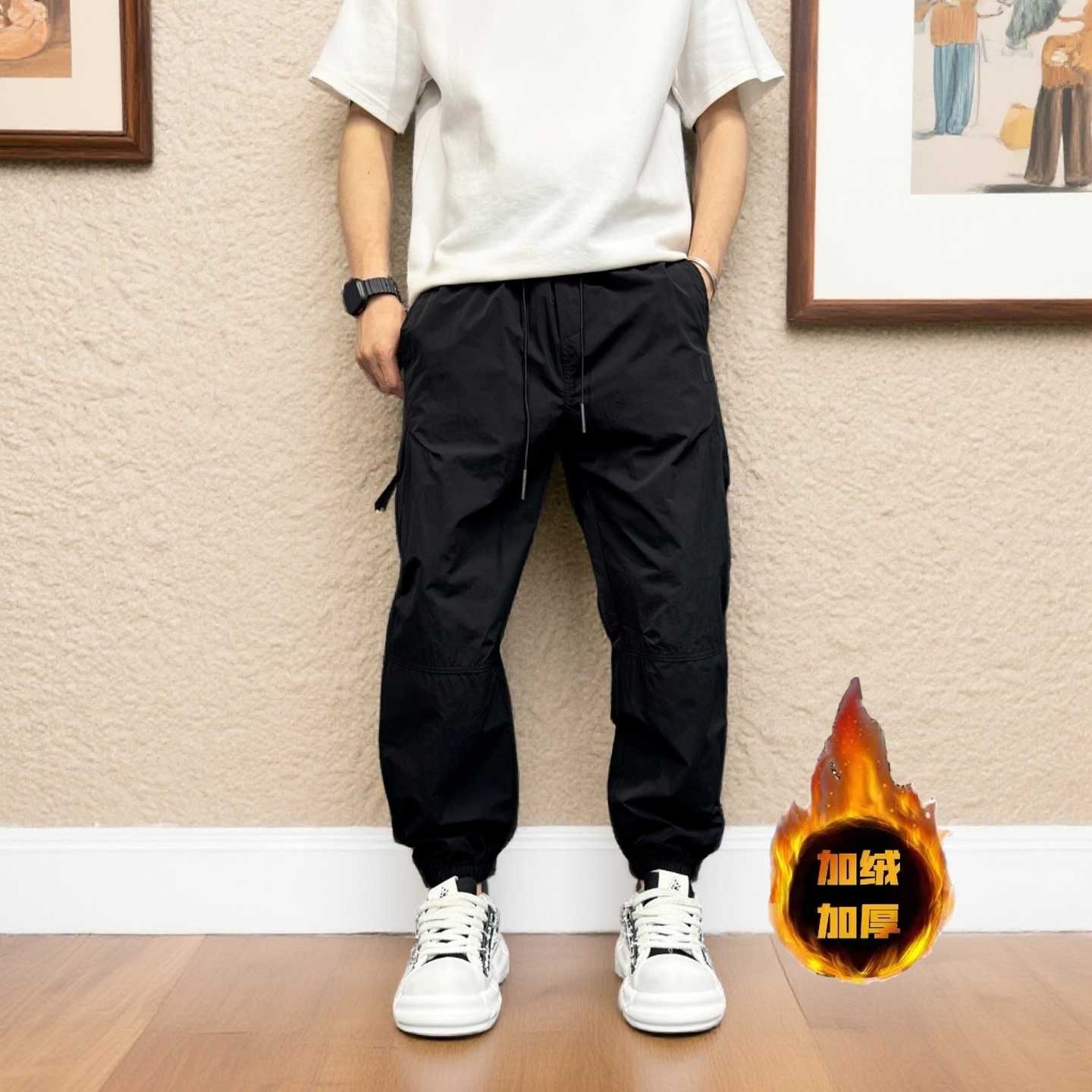 韩版男士工装裤秋冬季加绒休闲冲锋裤子痞帅哈伦束脚修身运动裤男