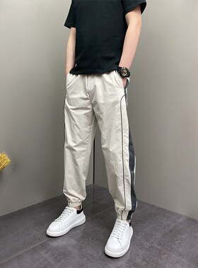 高档春季新款男士户外工装裤潮牌速干休闲裤松紧腰弹力灰色束脚裤