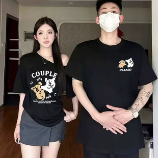 2025夏季超好看情侣装一长一短辣妹装小狗t恤小众设计感修身短袖