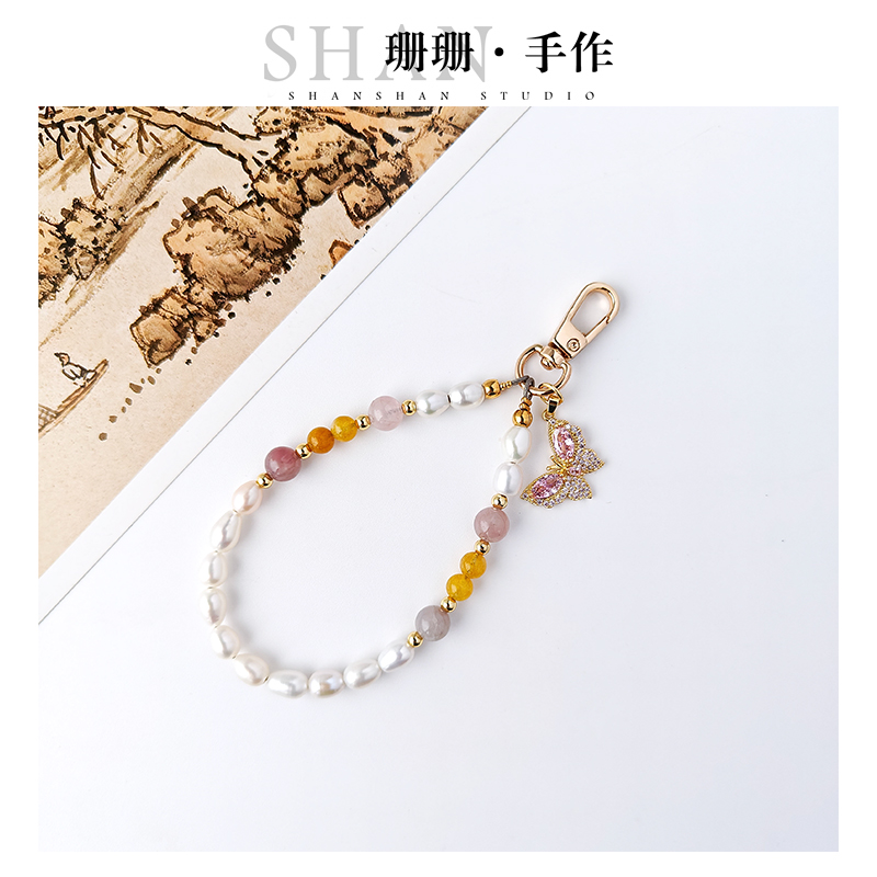 原创手工天然珍珠手机链手拿链水晶腕链挂件轻奢精致简约手链挂绳