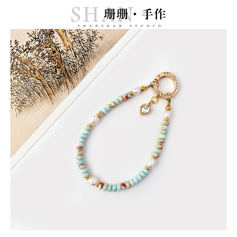原创天然珍珠手机链寿山石手拿链腕链包包挂件高级手链精致女送礼