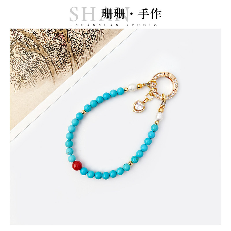 原创天然珍珠手机链绿松石手拿链腕链包包挂件高级手链精致女送礼