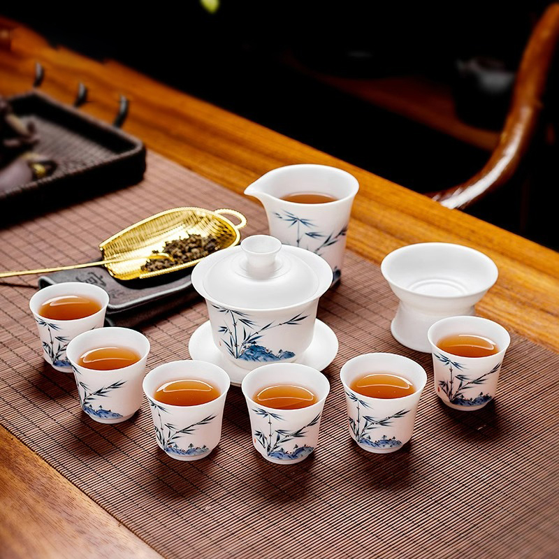 青花手绘茶具羊脂玉蓝彩描金功夫茶具套装德化玉瓷茶具轻奢伴手礼