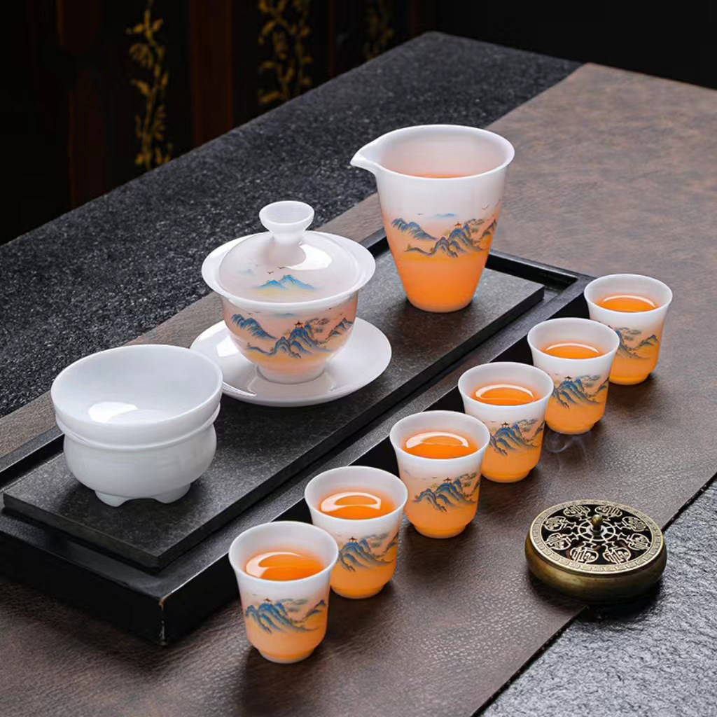 高档冰种羊脂玉茶具套装