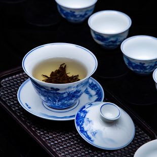 景德镇青花瓷盖碗茶具套装中国风手绘陶瓷功夫茶具11件套白瓷高雅