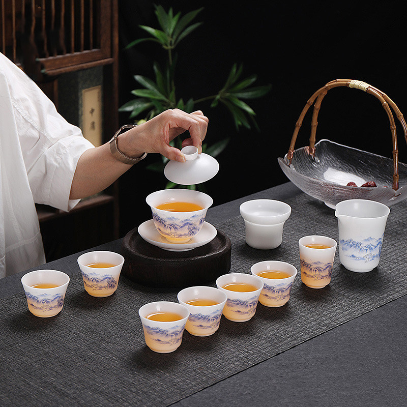 高档冰种羊脂玉茶具套装