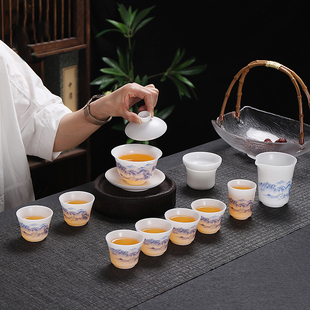 高档冰种羊脂玉茶具套装青韵素烧德化玉瓷功夫茶具家用商用伴手礼