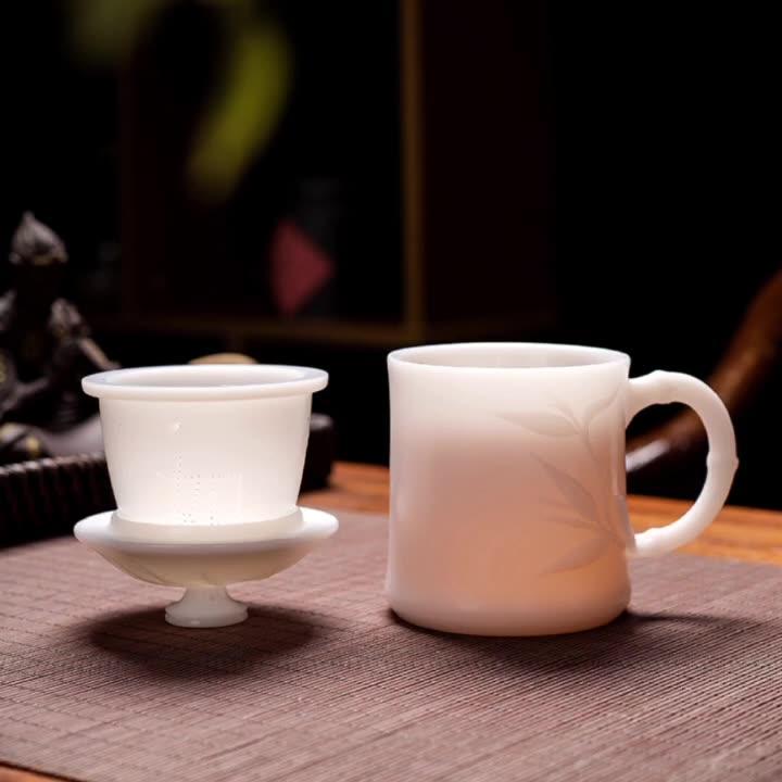 象牙白冰种玉瓷茶杯素烧德化玉瓷办公杯浮雕杯礼盒装轻奢礼品