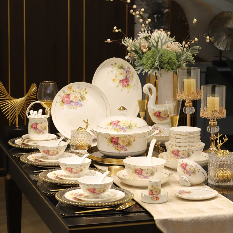 景德镇陶瓷餐具碗碟盘套装家用高档骨瓷中式轻奢饭碗结婚乔迁送礼